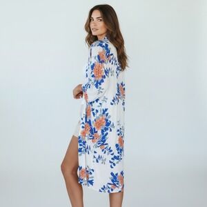 Umgee Blue Coral Floral Kimono Cover Up M Coastal Resortwear Boho